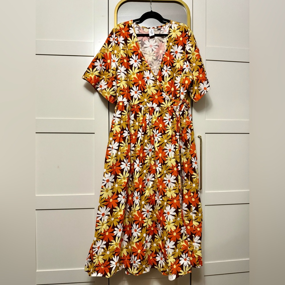 ASOS Floral Midi Wrap Dress in Orange, Yellow & White